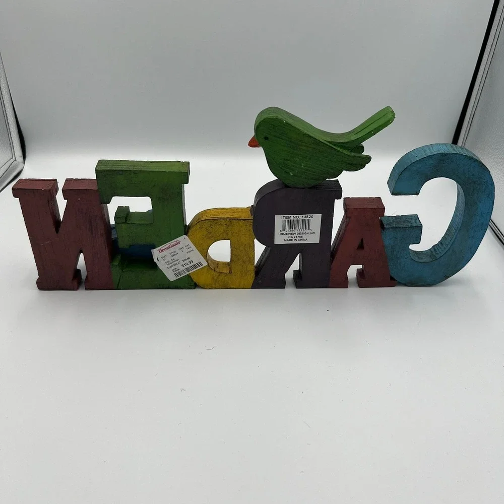 HomeView Design Garden Block Sign Multicolor‎ Bird Floral Rustic Decor NWOT